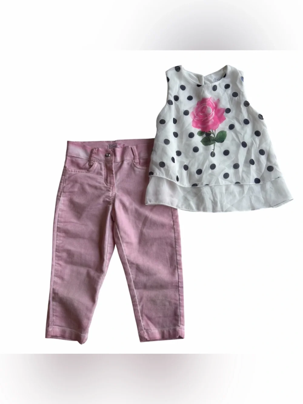 Pink Toddler Jeans and White Polka Dot Rose Tank Set